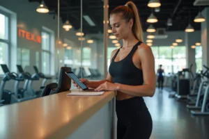 Femme consultant son abonnement Basic Fit à la réception d'une salle de sport moderne