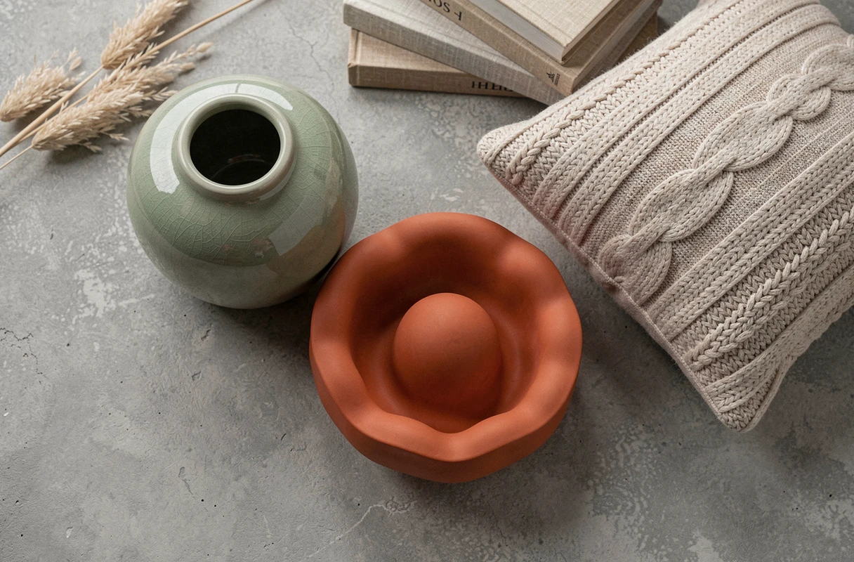 Accessoires déco chubby en céramique ronde et coussin gonflé pour une décoration tout en rondeur