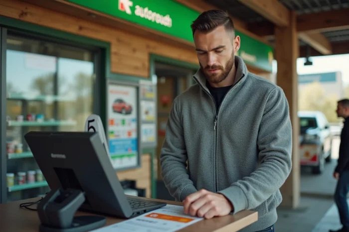 Homme achetant une vignette suisse dans une station-service autoroutière française