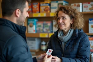 Femme achetant une vignette autoroutière suisse dans un tabac français près de la frontière