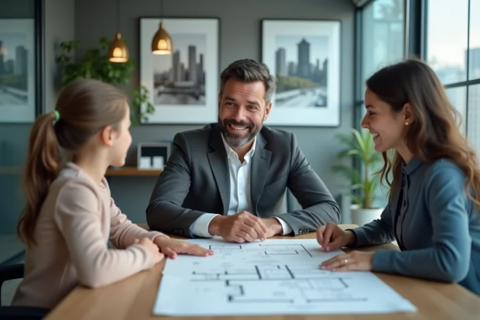 Agent immobilier présentant un plan de bien à une famille dans une agence immobilière moderne