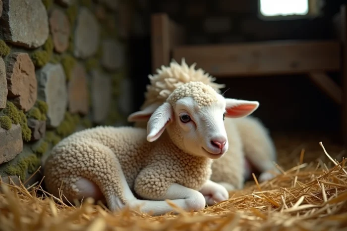 Agneau nouveau-né dans la paille avec sa mère brebis dans une étable en pierre à la ferme
