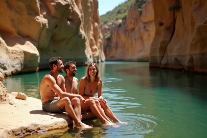 Groupe d'amis profitant d'un bain dans un canyon rocheux aux gorges pittoresques à proximité de Nîmes