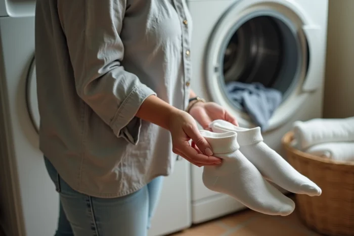 Une femme appariant immédiatement une paire de chaussettes blanches à la sortie du sèche-linge avant de les poser dans le panier de linge propre