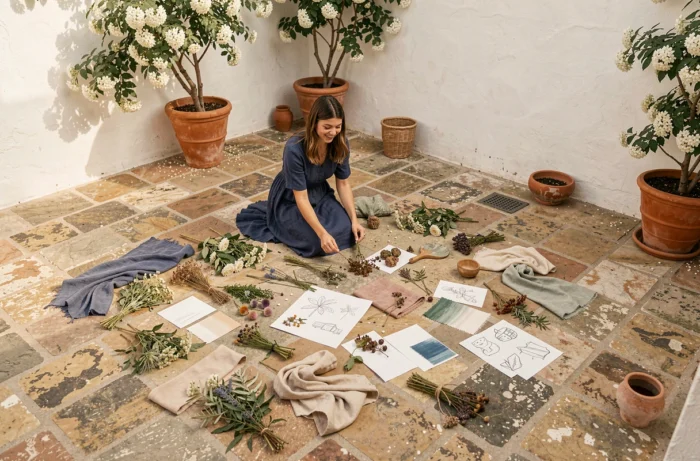 Jeune artiste créative arrangeant un collage botanique et artistique dans une cour méditerranéenne ensoleillée