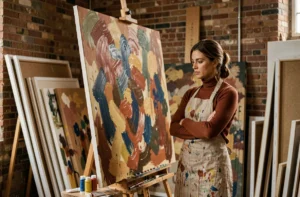 Artiste peintre femme dans son atelier de création avec une grande toile abstraite colorée en arrière-plan