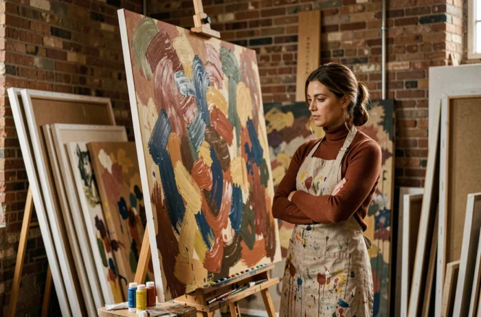 Artiste peintre femme dans son atelier de création avec une grande toile abstraite colorée en arrière-plan