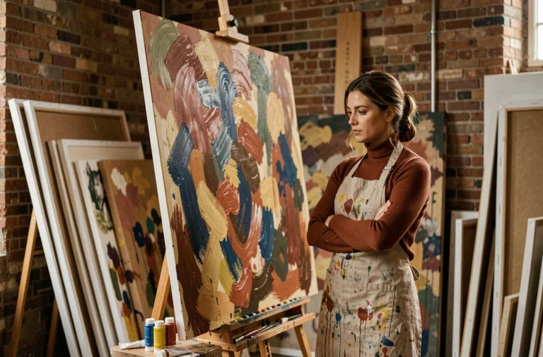 Artiste peintre femme dans son atelier de création avec une grande toile abstraite colorée en arrière-plan