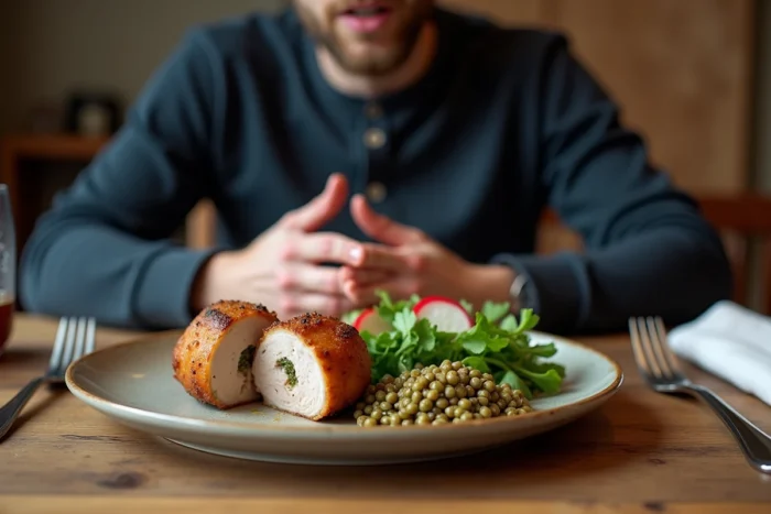Assiette de crépinettes légères tranchées avec lentilles et salade verte servies comme repas sain et équilibré sur une table en chêne