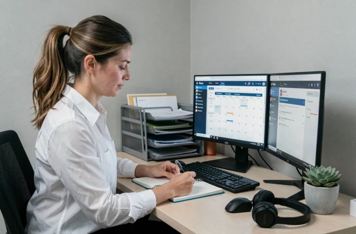 Une assistante virtuelle travaillant depuis son bureau à domicile avec deux écrans d'ordinateur, un agenda et un casque, gérant les tâches d'entreprises à distance