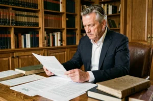 Avocat français en costume marine consultant le code de procédure civile dans un bureau juridique traditionnel