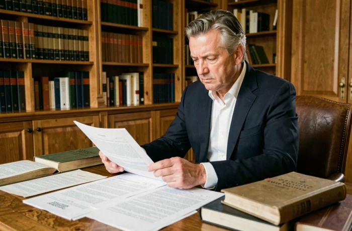 Avocat français en costume marine consultant le code de procédure civile dans un bureau juridique traditionnel