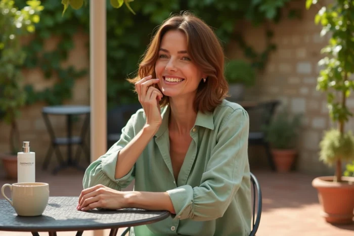 Femme mature appliquant une crème teintée en terrasse, beauté naturelle et bien-être au quotidien à l'extérieur