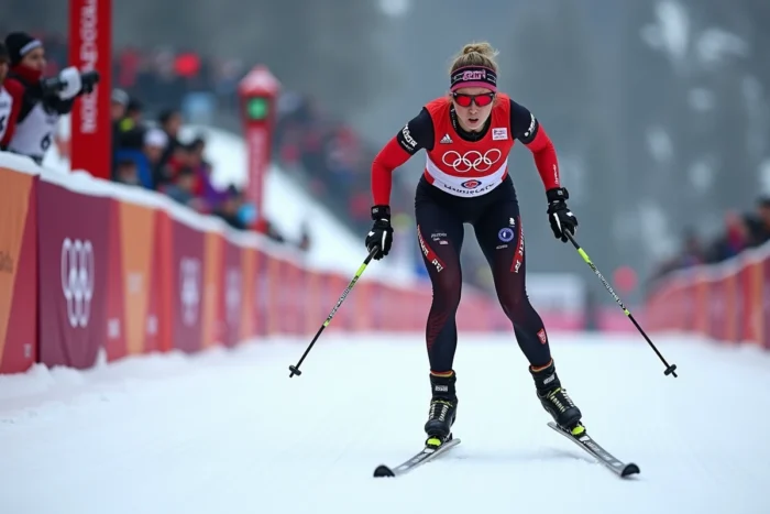 Biathlète féminine en plein effort sur le circuit de ski de fond entre deux séances de tir