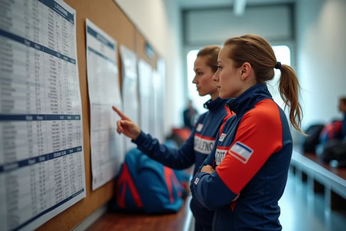 Deux biathlètes féminines consultant le tableau de classement et le barème des points dans un espace athlètes