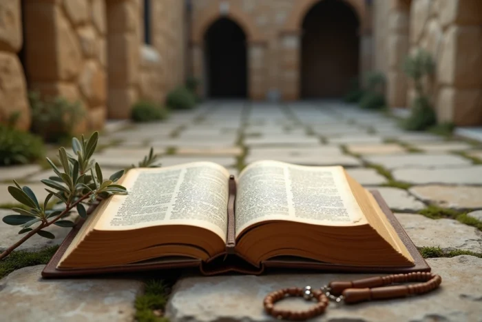 Bible ancienne ouverte sur une pierre avec un chapelet en bois, symbolisant la recherche de la signification spirituelle du chiffre 16