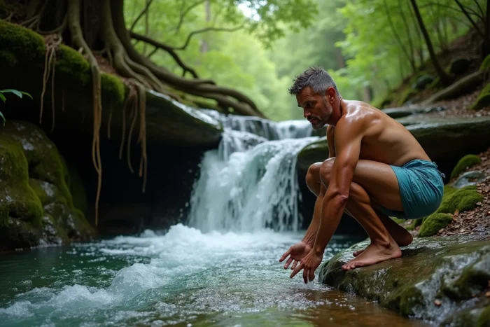 Homme découvrant une cascade naturelle et son bassin de baignade en forêt dans la campagne proche de Nîmes