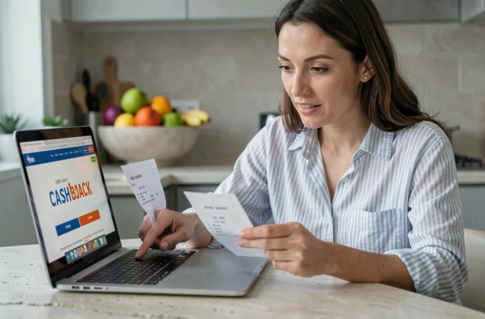 Une femme utilisant un site de cashback sur son ordinateur portable à la cuisine, tenant un ticket de caisse pour optimiser ses dépenses courantes grâce aux comparateurs en ligne