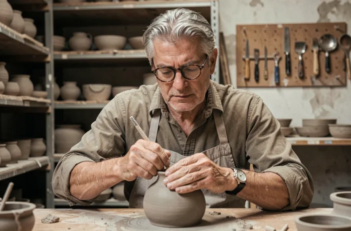 Céramiste homme concentré en train de modeler une pièce en argile dans un atelier de poterie traditionnel