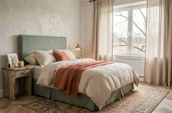 Chambre à coucher sereine avec literie en lin, tête de lit en tissu vert sauge et décoration naturelle en bois