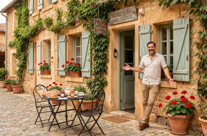 Façade authentique d'une chambre d'hôtes en Provence avec cour en pierre et table de petit-déjeuner dressée