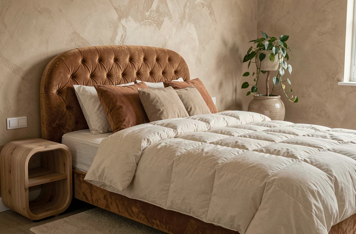 Chambre cosy avec tête de lit velours arrondie et couette gonflée dans le style déco chubby