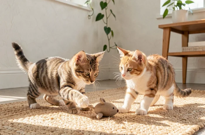 Deux chatons de dix semaines jouant ensemble de façon autonome sur un tapis en jute dans un appartement, illustrant leur développement social après la séparation de leur mère