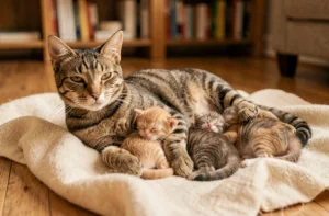 Chatte mère allaitant ses chatons nouveau-nés sur une couverture en laine dans un salon chaleureux, illustrant le lien maternel essentiel avant la séparation