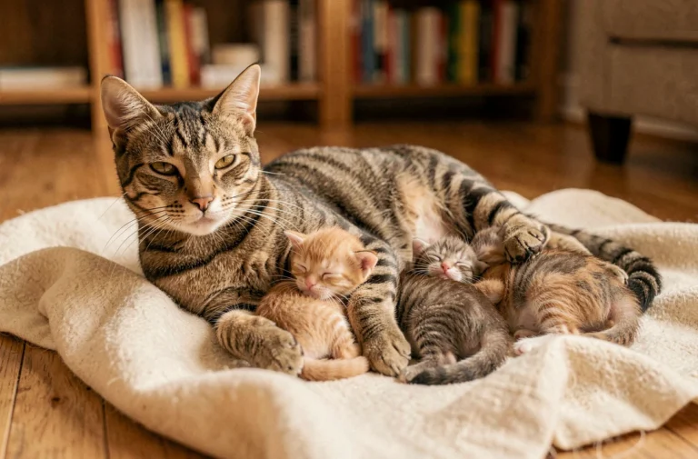 Chatte mère allaitant ses chatons nouveau-nés sur une couverture en laine dans un salon chaleureux, illustrant le lien maternel essentiel avant la séparation