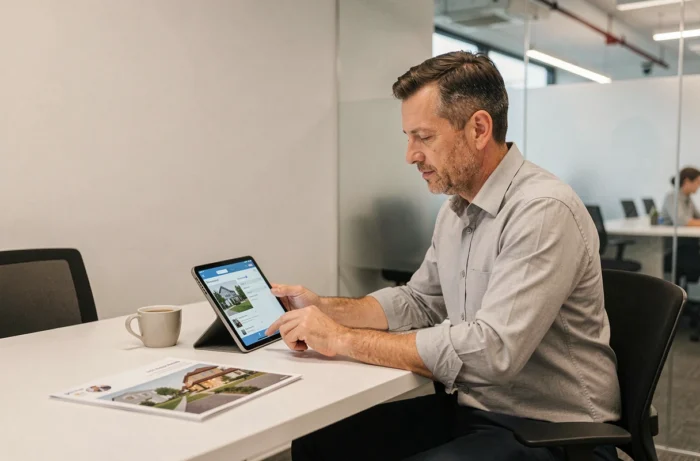 Chef d'entreprise consultant une plateforme immobilière professionnelle sur une tablette dans une salle de réunion corporate moderne