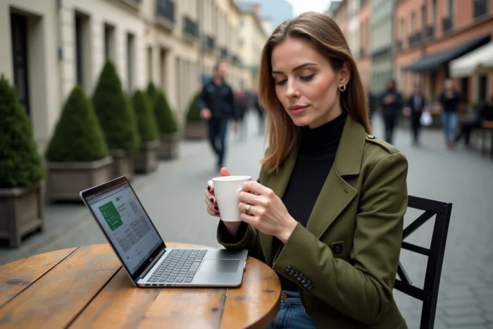 Cheffe d'entreprise travaillant sur ses services digitaux sur-mesure depuis une terrasse urbaine avec son ordinateur portable