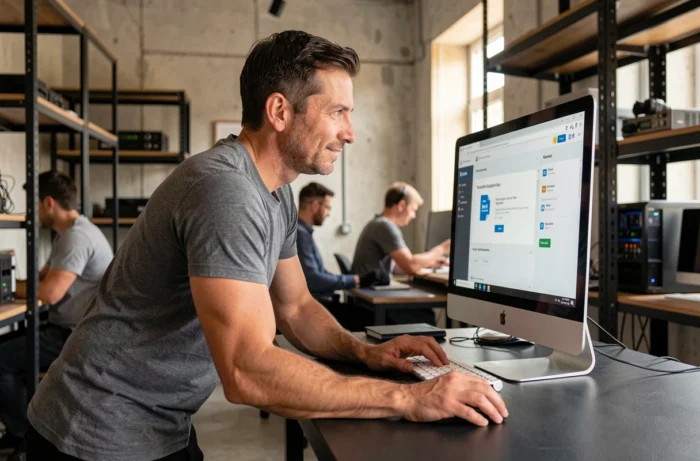Homme utilisant un outil de chiffrement PDF en ligne dans un open space de startup technologique
