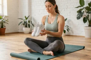 Femme en tenue de yoga examinant une paire de chaussures minimalistes assise sur un tapis dans un studio de yoga moderne