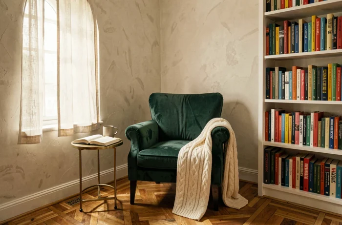 Coin lecture douillet avec fauteuil en velours émeraude, bibliothèque intégrée et accessoires déco pour sublimer l'intérieur d'une maison