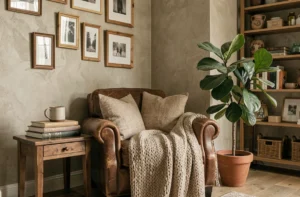 Coin salon chaleureux avec fauteuil en cuir, plaid en laine et plante verte dans un intérieur décoré avec soin