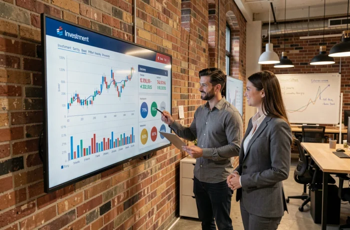 Deux collègues analysant ensemble des données d'investissement sur un écran interactif dans un espace de coworking