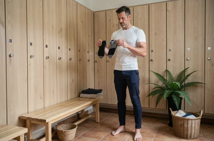 Homme comparant des chaussettes de yoga et des chaussures plates dans un vestiaire de centre de yoga en bois naturel