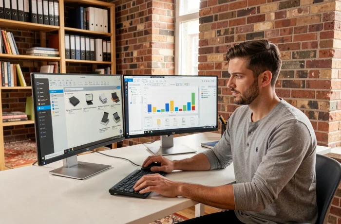 Homme comparant des logiciels de numérisation de documents sur deux écrans dans un bureau à domicile