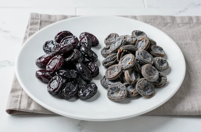 Comparaison visuelle entre des pruneaux frais et des pruneaux périmés sur une assiette blanche