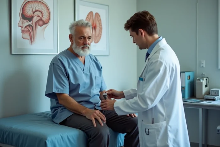 Neurologue réalisant un examen neurologique de réflexes sur un patient masculin pour diagnostiquer des troubles de l'équilibre