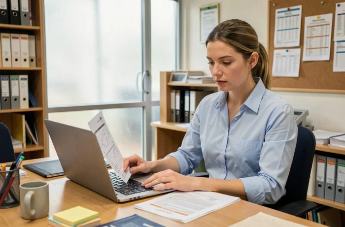 Contractuelle de l'Éducation nationale consultant des documents de salaire sur son bureau dans un bureau administratif scolaire