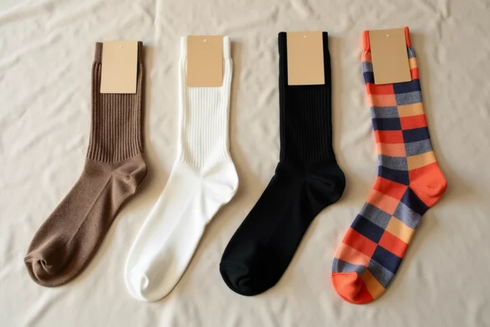 Plat posé présentant quatre paires de chaussettes attribuées à différentes activités sportives et quotidiennes, chacune identifiée par une étiquette manuscrite