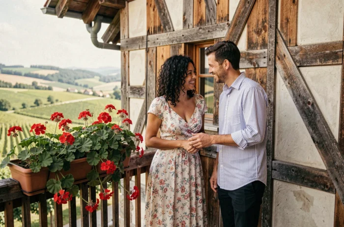 Couple profitant de la vue depuis le balcon d'une maison d'hôtes alsacienne traditionnelle à colombages avec vue sur les vignes