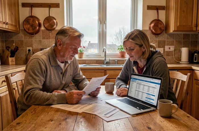 Couple comparant des devis pour le remplacement urgent de fenêtres à domicile
