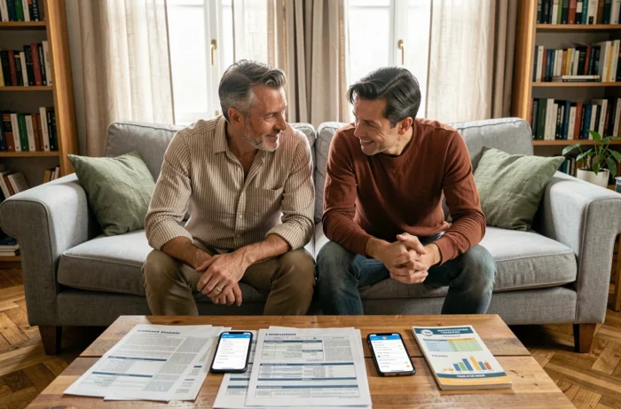 Couple comparant des offres pour renégocier leur assurance habitation dans leur salon avec des documents imprimés