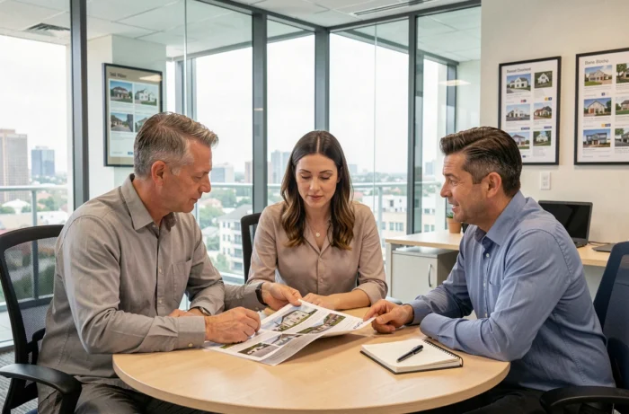 Couple discutant d'une opportunité d'investissement immobilier avec un agent dans une agence immobilière moderne