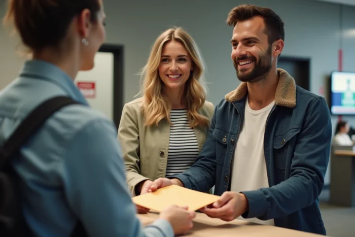Couple envoyant une lettre recommandée de résiliation d'assurance habitation à la poste