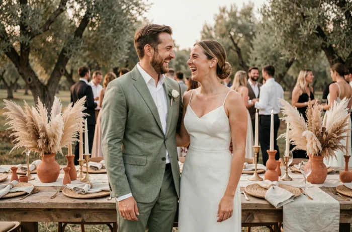 Couple de mariés riant à la réception en plein air avec décoration de table rustique en terracotta, pampa et lin, tendance mariage 2024