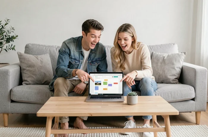 Couple planifiant un voyage ensemble en consultant le plan d'un site de voyage sur un ordinateur portable