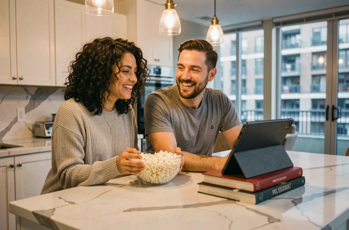 Couple regardant un film en streaming sur une tablette dans une cuisine moderne en partageant du popcorn